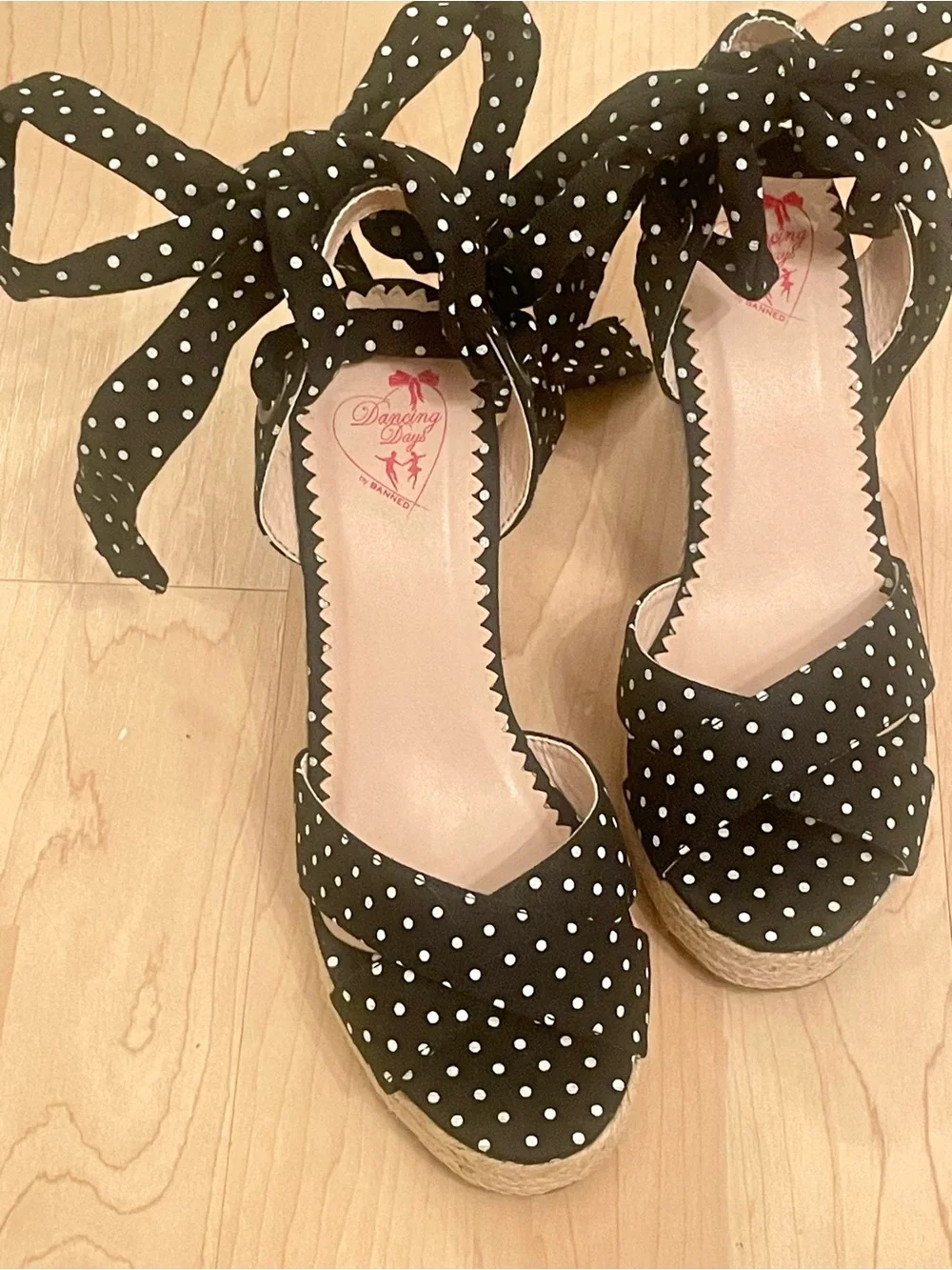 Polka Dot Ankle Tie Wedge Sandals - Black